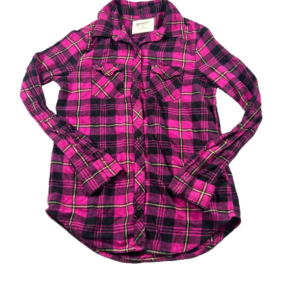 Arizona Jeans Womens XS Pink Black Plaid Flannel Button Up Long Sleeve Shirt